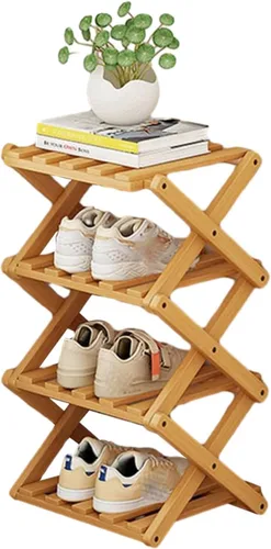 Vista 8 de YYW Zapatero de bambú para entrada, organizador vertical de almacenamiento de zapatos plegable y sin instalación, estantes para zapatos, estante