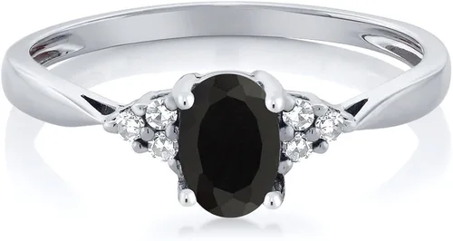 Vista 2 de Gem Stone King Anillo de mujer de oro blanco de 14 quilates, ónix negro y diamante (0.45 quilates, piedra natal de piedras preciosas), Metal Metal
