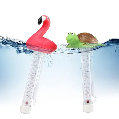 Vista 2 de Paquete de 2 termómetros flotantes para piscina, diseño de flamenco y tortuga, tamaño grande, lecturas fáciles y precisas para temperatura del agua