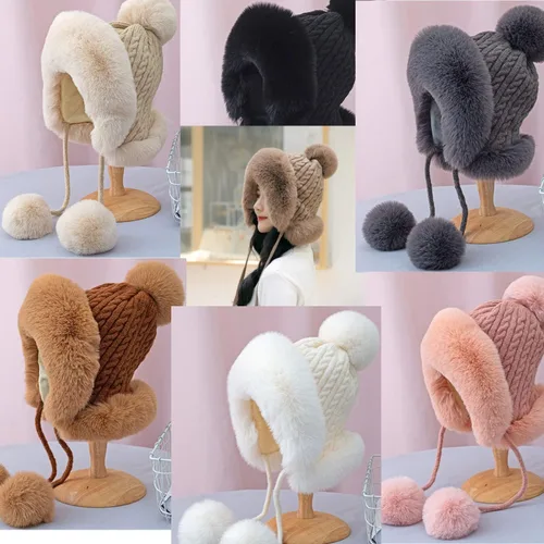 Vista 7 de Gorro de invierno para mujer, suave y mullido de punto con pompón, gorro de piel sintética para niñas, gorra de calavera de ganchillo