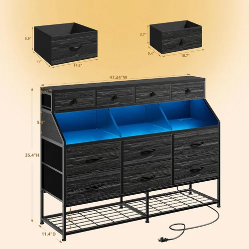 Vista 3 de EnHomee Cómoda para dormitorio con 10 cajones y zapatero de tela con luces LED y tomas de corriente, tocador de dormitorio para entrada, pasillo