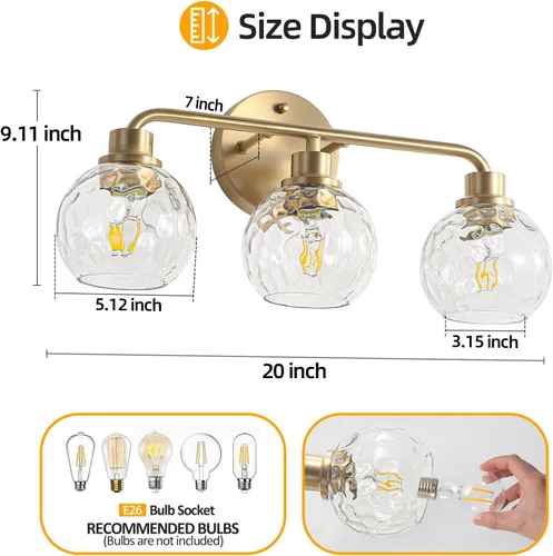 Vista 5 de Lámparas de baño doradas para tocador, 3 luces, apliques de pared, luces de latón cepillado con pantalla de vidrio martillado, lámpara de pared