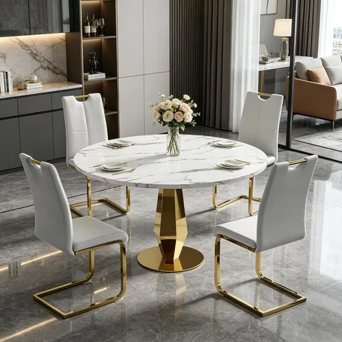 Vista 12 de Henf Mesa de comedor redonda de mármol sintético para 4 a 6 personas, mesa de cocina moderna de oro blanco de 47 pulgadas con base de acero Mesa