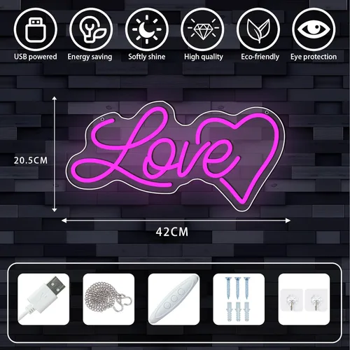 Vista 6 de ENUOLI LOVE Letrero de Neón, Letreros de Neón Luminosos Love para Pared de Habitación, Letrero Love Alimentado por USB, Letreros de Neón de Corazón