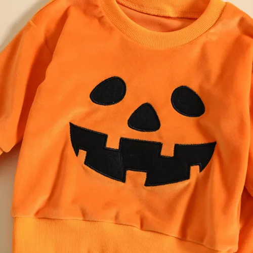 Vista 2 de Conjunto de 2 piezas de sudadera de calabaza de manga larga para bebé niño y niña, ropa de otoño e invierno