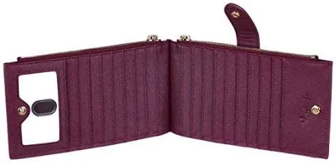 Vista 4 de Travelambo Billetera para mujer con bloqueo RFID plegable para múltiples tarjetas con bolsillo con cremallera, Rojo vino, Minimalista