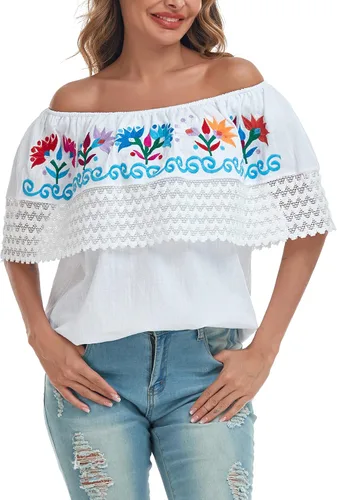 Vista 3 de YZXDORWJ Camisa con hombros descubiertos bordados mexicanos para mujer
