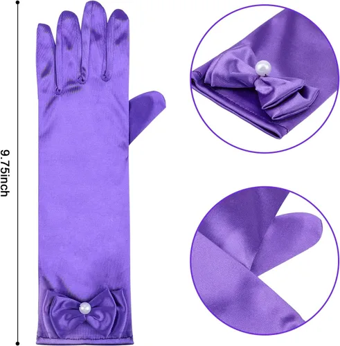 Vista 2 de HIFOT Guantes de vestir para niña, 6 pares, guantes largos de satén sedoso con lazo para niños, fiesta de princesa, boda, concurso formal, edades