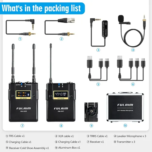 Vista 7 de FULAIM WM500 UHF - Sistema de micrófono inalámbrico Lavalier, micrófono de solapa de 16 canales con transmisor recargable y receptor para grabar