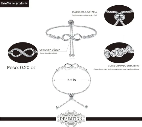 Vista 5 de Desimtion Infinity Bracelets for Women, Adjustable fits All Wrists Plata_Infinity