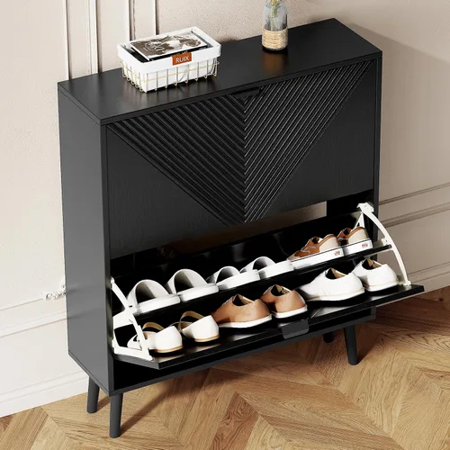 Vista 8 de oakvivo Armario de zapatos, organizador independiente de granja con 2 cajones abatibles y 4 pies de madera, armario estrecho para zapatos, para Negro