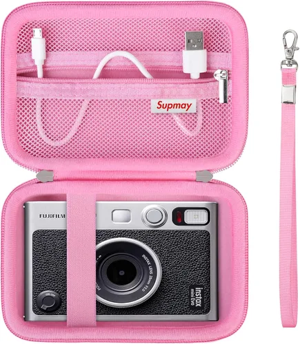 Vista 10 de Funda de transporte compatible con cámara instantánea Fujifilm Instax Mini EVO, bolsa de viaje con bolsillo de malla para fotos, cables USB Negro