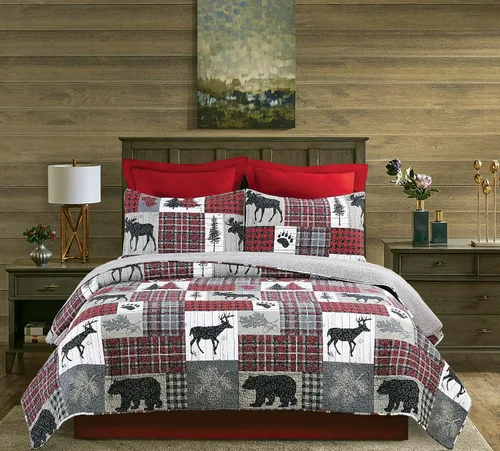 Vista 4 de C&F Home Hayden - Juego de edredón de 3 piezas, tamaño matrimonial/queen, estampado de retazos grises, cabaña de cabaña, rústico, 100% algodón