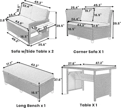 Vista 7 de Juego de conversación para patio, juego de sofá modular de 5 piezas, juego de muebles de mimbre de ratán PE con 2 mesas laterales extensibles