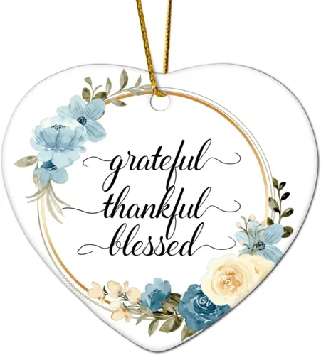 Vista 9 de Adornos de Navidad con cita de corona de flores, adorno ovalado de porcelana de Grateful Thankful Blesed, decoración de árbol de Navidad, regalos