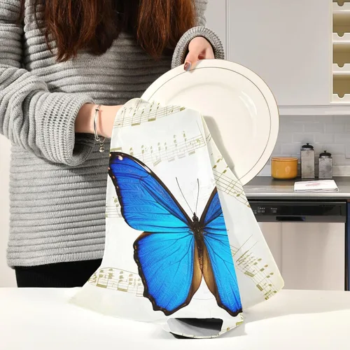 Vista 6 de Toalla de secado de cocina con notas musicales retro de mariposa azul, 28 x 18 pulgadas, toallas de cocina absorbentes decorativas