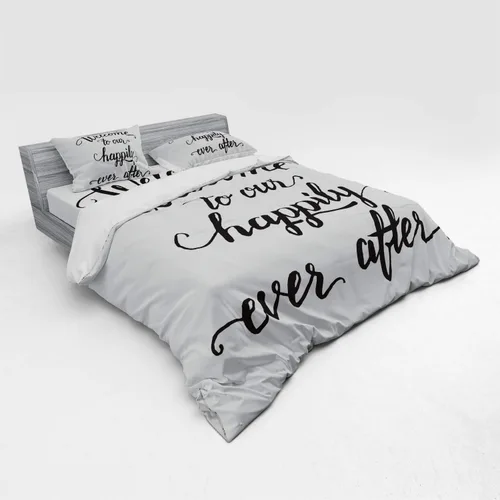 Vista 2 de Ambesonne Saying Bedding Set, Vintage Fountain Pen Lettering Wedding Welcome to Our Happily Ever After, 4 Piece Duvet Cover Set with Shams and