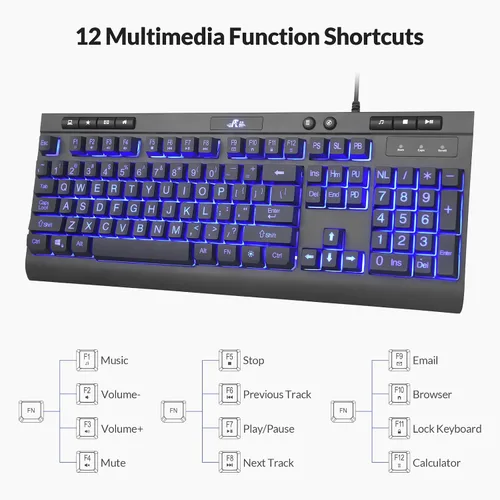 Vista 5 de Rii RK900Pro Teclado retroiluminado de impresión grande, teclado USB de tamaño completo con cable con retroiluminación azul, compatible con Windows