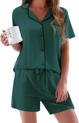 Vista 38 de Ekouaer - Conjunto de pijamas de manga corta para mujer, con botones, suave, 2 piezas, conjuntos de descanso, tallas XS-XXXL Verde Aqua