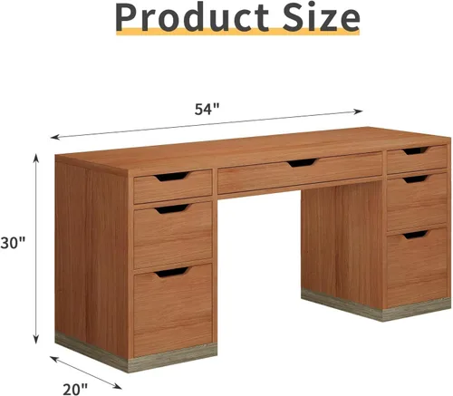 Vista 2 de MaverickFurni Office Desk with Drawers, 54 Inch Computer Desk with 7 Drawers for Bedroom, Small Executive Desk with Stoarge Drawers for Work Study