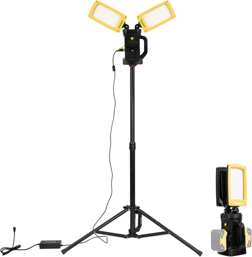 Vista 9 de Luz de trabajo LED inalámbrica de 12000LM, de doble cabezal de 85W con trípode, compatible con baterías Dewalt, Milwaukee, Makita de 18–21V, sin