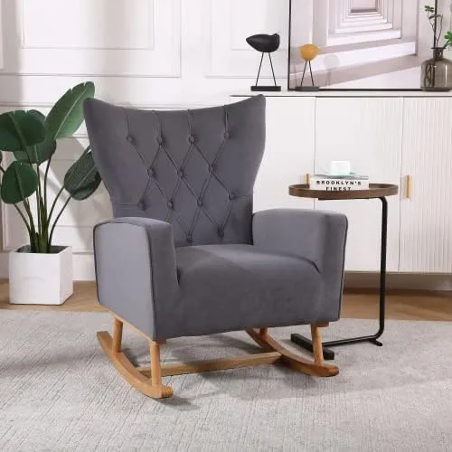 Vista 9 de Mecedora tapizada de terciopelo, asiento acolchado con respaldo alto, silla auxiliar cómoda para sala de estar, dormitorio, oficinas (negro)
