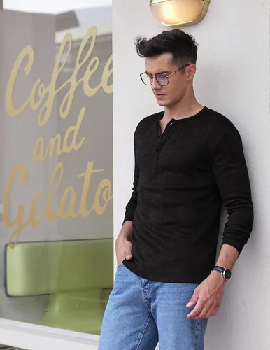 Vista 3 de COOFANDY Paquete de 2 camisetas básicas de algodón para hombre, de manga larga, ligeras, casuales, de algodón