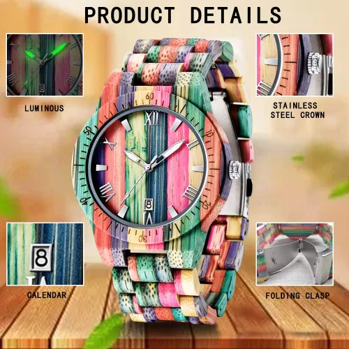Vista 4 de Tiong Brand Wooden Watches Mens with Handmade Colorful Bamboo Wood Watch Analog Date Quartz Wooden Watch for Men