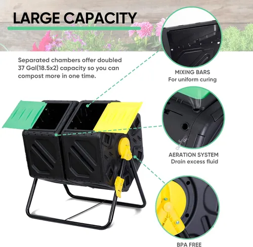 Vista 7 de JupiterForce Contenedores de compostaje de doble cámara, vaso giratorio de compost con 2 puertas correderas para jardines al aire libre, para todas