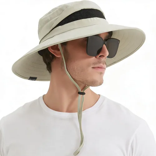 Vista 7 de Sombrero Boonie de ala ancha impermeable UPF 50+ para hombre, protección contra el sol y la lluvia Beige