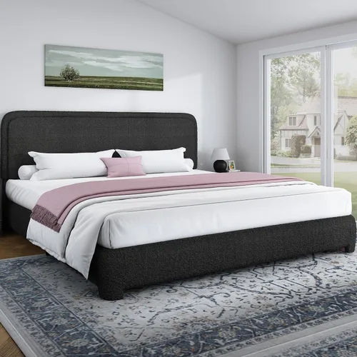 Vista 20 de Base de cama individual, cabecera Cloud Boucle, esquinas redondeadas, color beige