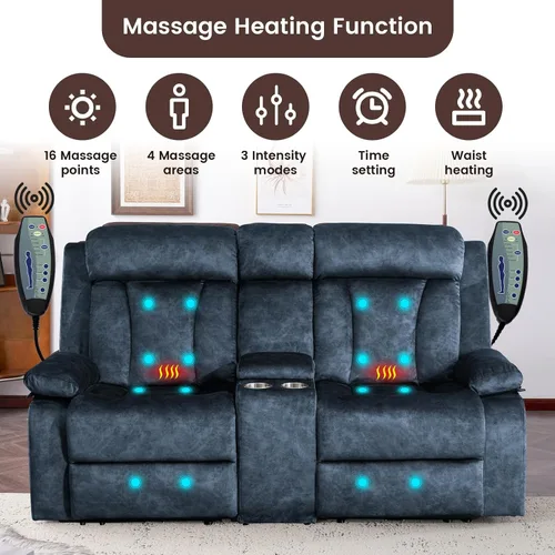 Vista 3 de Sofá reclinable de terciopelo, sofá biplaza reclinable doble con calor y masaje, sofá reclinable de pared con USB y tipo C, sofá reclinable