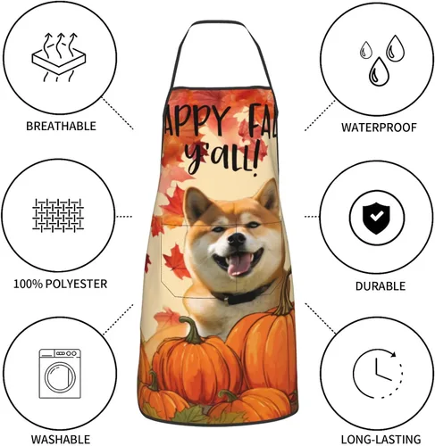Vista 8 de nopicsn Happy Fall Y'all Dog Shiba Apron for cooking with Pockets Women Men Kitchen Chef Funny Aprons