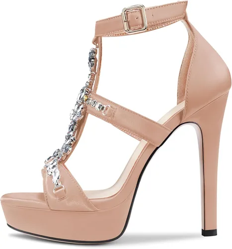 Vista 2 de CASTAMERE Sandalias de tacón alto con plataforma y punta abierta para mujer, estilo romano, diamantes de cristal, boda, fiesta, sexy, 5.1 pulgadas