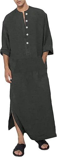 Vista 3 de Jacansi Caftán de manga larga para hombre, 65% algodón, 35% lino, con botones, longitud al tobillo, con abertura lateral y bolsillo Blanco
