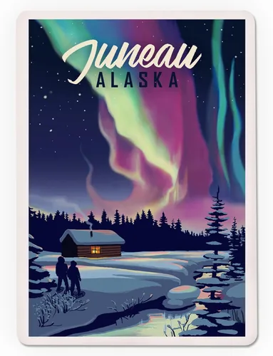 Vista 3 de Lantern Press Juneau, Alaska, Northern Lights and Cabin, Two People, 52 Playing Cards for Adults, Poker Size Card Deck