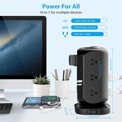 Vista 3 de Torre de tira de alimentación AOFO con protector contra sobretensiones, 12 tomas de CA con estación de carga de 4 USB (1 USB C) con protección