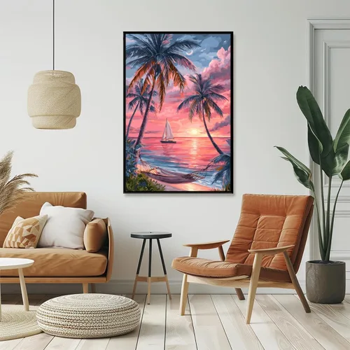 Vista 4 de Beach Pictures Wall Art Coastal Cowgirl Room Decor Red sunset beach palm tree poster Preppy Decor Summer Tropical Ocean Art Canvas Print For Teen