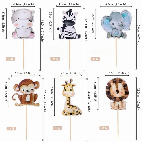 Vista 2 de 36 piezas de decoración para cupcakes de animales de la jungla, león, mono, cebra, hipopótamo, jirafa, elefante, temática de bosque, púas