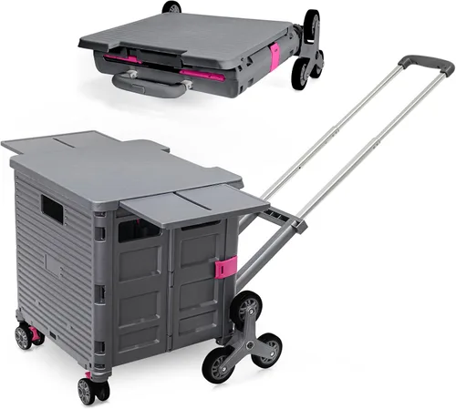 Vista 10 de Carrito plegable portátil con ruedas para compras, 4 ruedas giratorias con mango telescópico de plástico duradero y resistente, para viajes