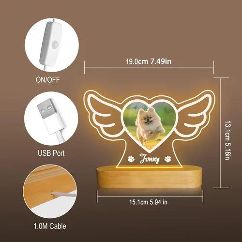 Vista 3 de Attivolife Luz nocturna de madera personalizada con temática de mascotas, lámpara LED de color cálido con el nombre de tu perro, imagen de perro