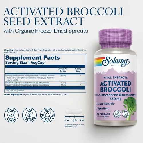 Vista 3 de SOLARAY Extracto de semilla de brócoli activado 350 mg, glucosinolatos de sulforafano al 10% para apoyo antioxidante, salud cardíaca y apoyo