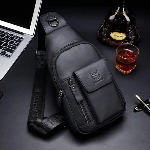 Vista 6 de BULLCAPTAIN Bolso cruzado de cuero para hombre, bolso bandolera de hombro, bolsas casuales para el pecho, para viajes, senderismo, mochilas