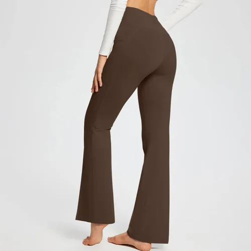 Vista 3 de Leggings acampanados cruzados para mujer, cintura alta, corte en V, corte de bota, pantalones de yoga acampanados con bolsillos