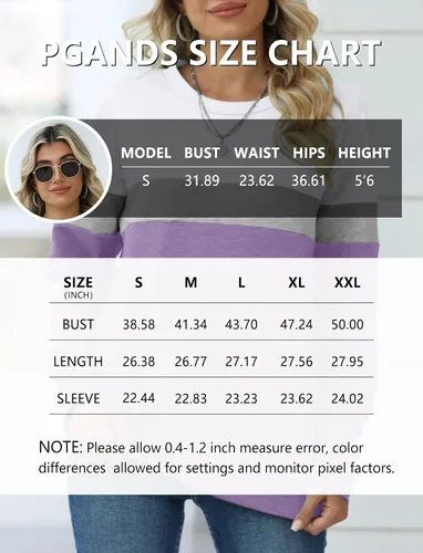 Vista 6 de PGANDS Women's Color Block Sweatshirt Tops Long Sleeve Crewneck Soft Cute Lightweight Tunic Pullover with Pocket