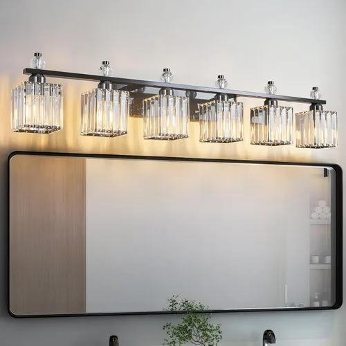 Vista 18 de Luces de Tocador de Baño de 3 Luces, Placado Negro, Modernas Luces de Tocador de Cristal para Baño, Luces de Tocador de Cristal para Usar Sobre