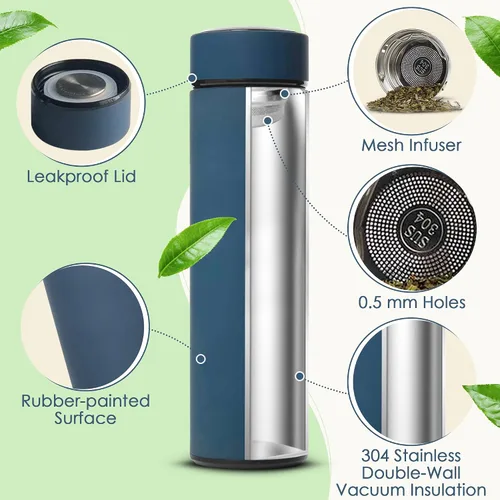 Vista 4 de AVARO Termo para todas las bebidas, taza de té de acero inoxidable de 16.9 onzas con infusor de té corto, botella de agua aislada de doble pared