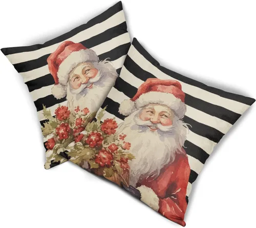 Vista 8 de Juego de 2 fundas de almohada navideñas de 20 x 20 pulgadas, diseño de Papá Noel, diseño floral rojo, a rayas, para exteriores, estilo granja