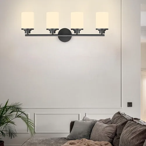 Vista 7 de Lámparas de baño, luces de baño negras mate, luz de tocador de 4 luces sobre espejo, moderna lámpara de tocador con vidrio esmerilado