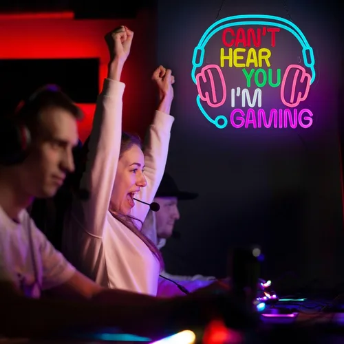 Vista 6 de Letrero de neón para juegos Can't Hear You I'm Gaming Headset Gamer Luz LED brillante alimentada por USB Letrero luminoso de auriculares Letreros